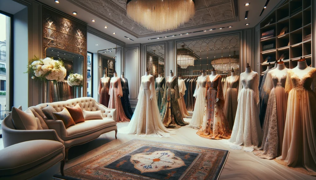 Intérieur élégant d'une boutique de mariées, mettant en vedette une variété de caftans de mariage luxueux dans différents styles et couleurs