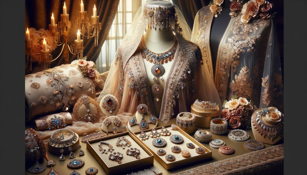 Scène élégante présentant une gamme d'accessoires exquis pour caftan de mariage, incluant des bijoux et des voiles