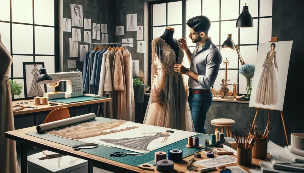 Studio de mode sophistiqué et moderne, où un designer crée un caftan de mariage luxueux